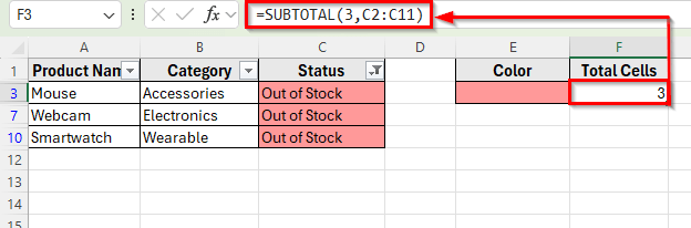 Count Colored Cells Using Filter and SUBTOTAL in Excel