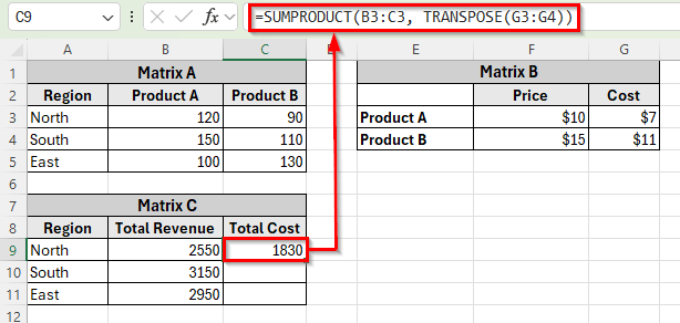 Using SUMPRODUCT and TRANSPOSE Functions as an Alternative