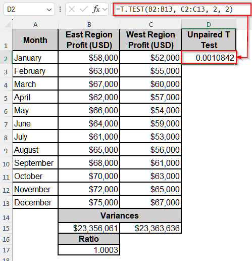 Conduct an Unpaired T Test in Excel with the T.TEST Function