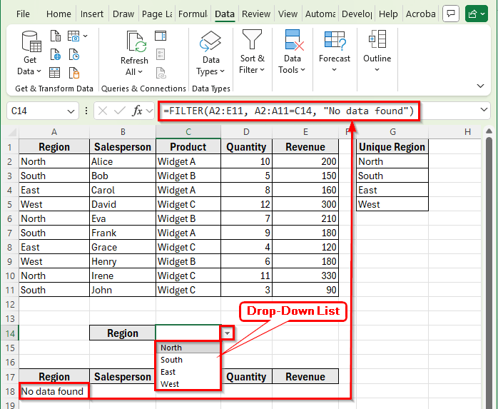 Using the FILTER Function to Extract Data Based on Drop-Down Selection