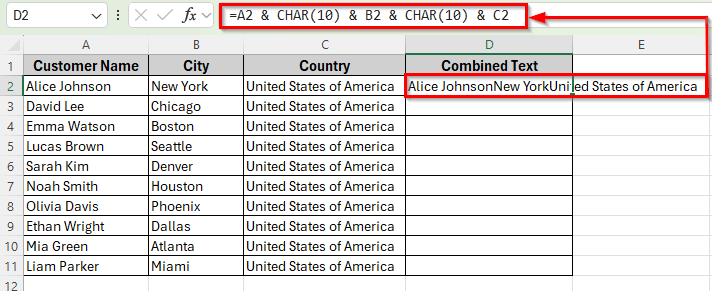 Using Ampersand and CHAR Function to Concatenate with a Line Break in Excel