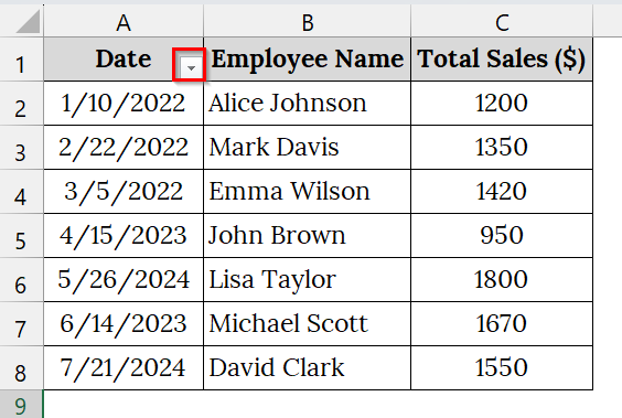 Apply the Filter Tool to Filter Dates by Month and Year in Excel