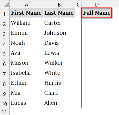 Applying the CONCAT Function to Merge Two Columns with a Space