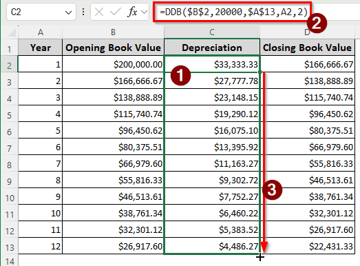 Making Use of the DDB Function to Calculate the Double Declining Balance Depreciation in Excel