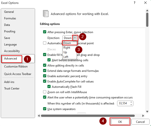 Setting Up Default Key Movement for Excel