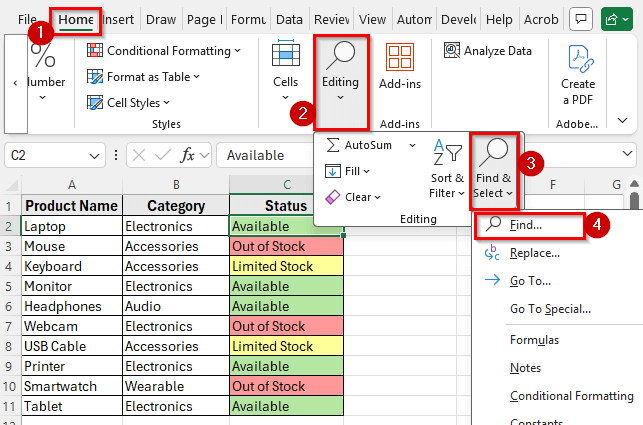 Using Find and Replace Tool to Count Colored Cells in Excel