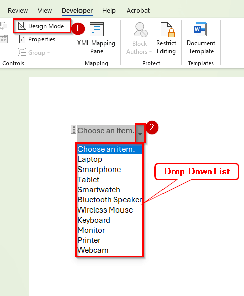 Using the Developer Tab to Create a Manual Drop-Down List in Word