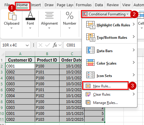 Highlight Duplicate Rows Using Conditional Formatting