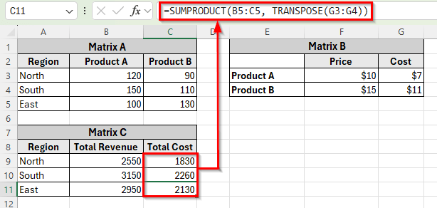 Using SUMPRODUCT and TRANSPOSE Functions as an Alternative