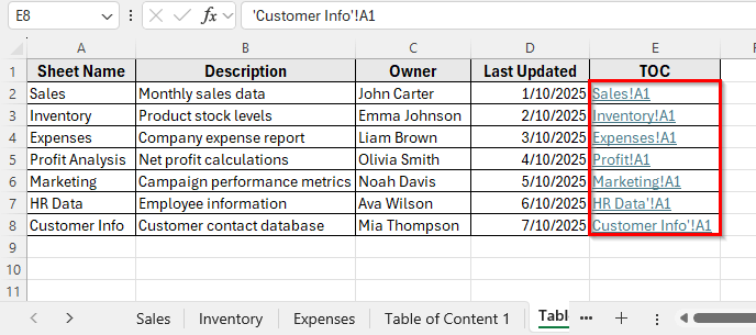 Using Context Menu to Create Table of Contents for Tabs in Excel