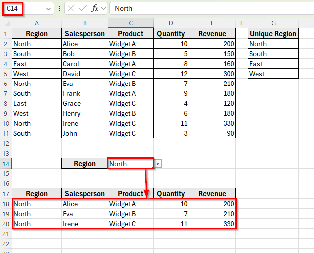 Using the FILTER Function to Extract Data Based on Drop-Down Selection