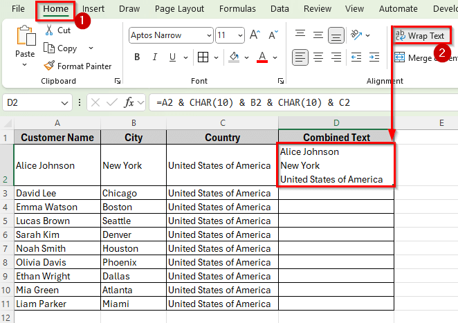 Using Ampersand and CHAR Function to Concatenate with a Line Break in Excel