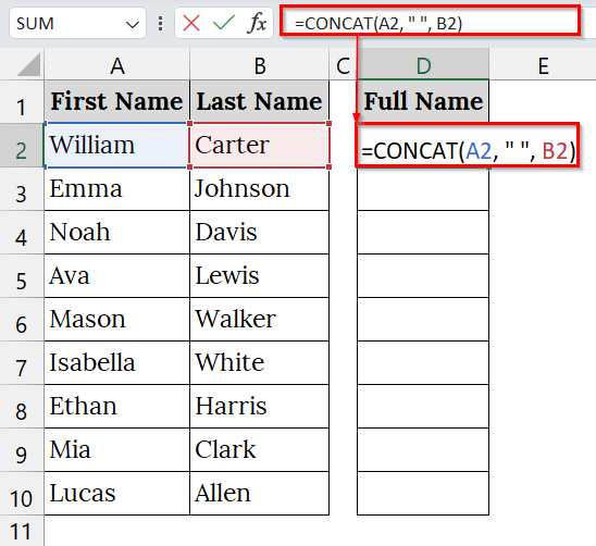 Applying the CONCAT Function to Merge Two Columns with a Space