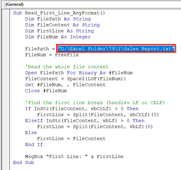 Read First Line of a Text File Using VBA in a MsgBox