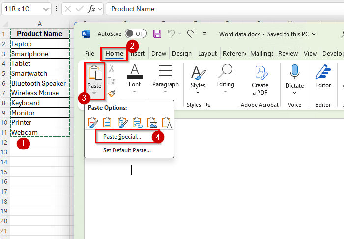 Linking an Excel List into Word Using Paste Special