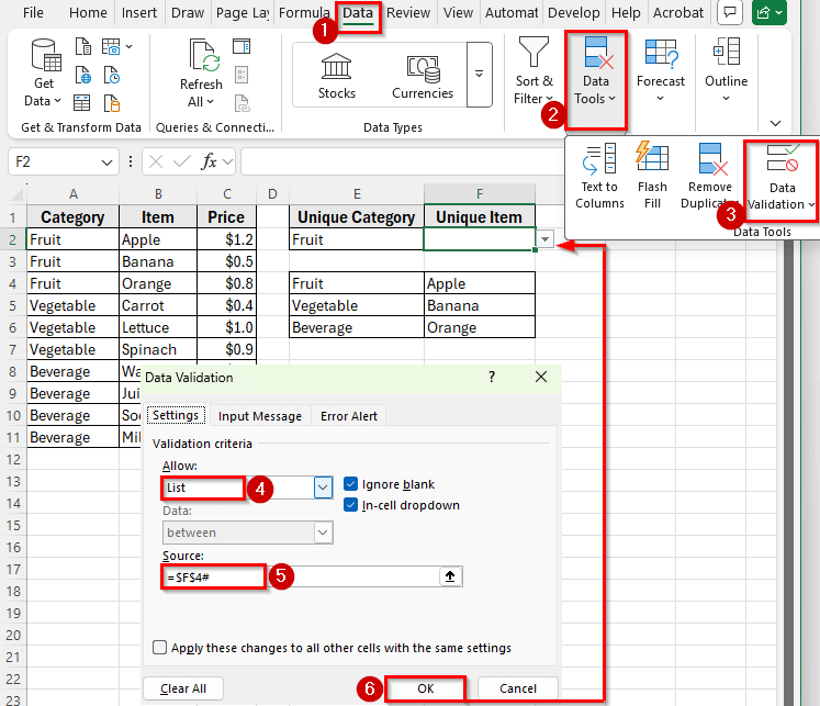 Create a Dynamic Drop-Down List Based on a Cell Value Using FILTER and UNIQUE