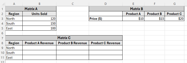 Multiplying a Column by a Row Array to Create a Matrix