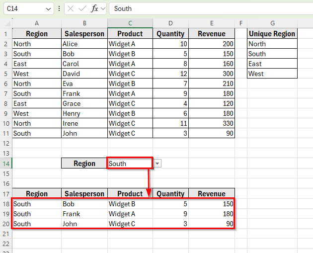 Using the FILTER Function to Extract Data Based on Drop-Down Selection