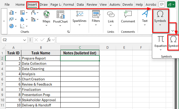 Using the Symbol Option to Insert Bullet Points