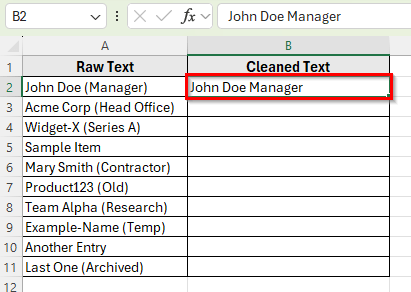 Using Flash Fill to Remove Parentheses in Excel