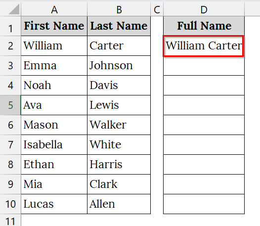 Applying the CONCAT Function to Merge Two Columns with a Space