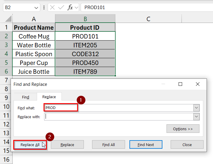 Applying the Find & Replace Tool to Remove Text from Excel while Leaving Numbers