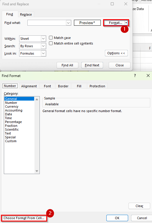 Using Find and Replace Tool to Count Colored Cells in Excel