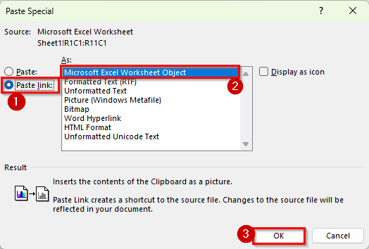 Linking an Excel List into Word Using Paste Special