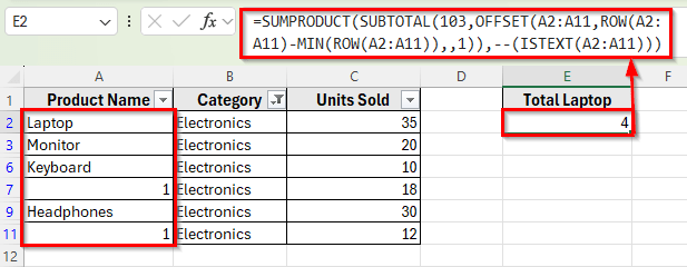 Combining OFFSET, ROW, and ISTEXT Functions to Count Only Visible Cells That Contain Text