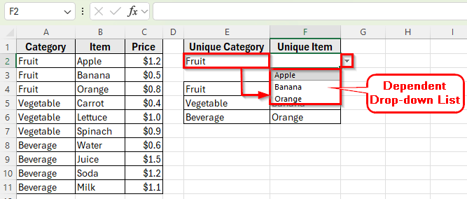 Create a Dynamic Drop-Down List Based on a Cell Value Using FILTER and UNIQUE