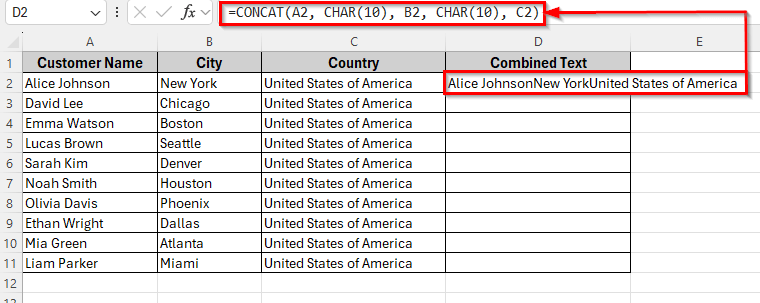 Using CONCAT Function to Concatenate with a Line Break in Excel