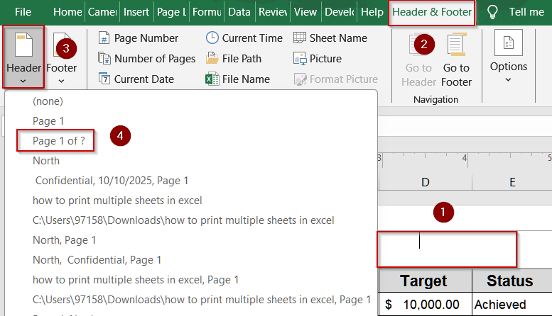 Using Header/Footer Options to Insert Sequential Page Numbers Across Worksheets