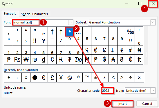 Using the Symbol Option to Insert Bullet Points