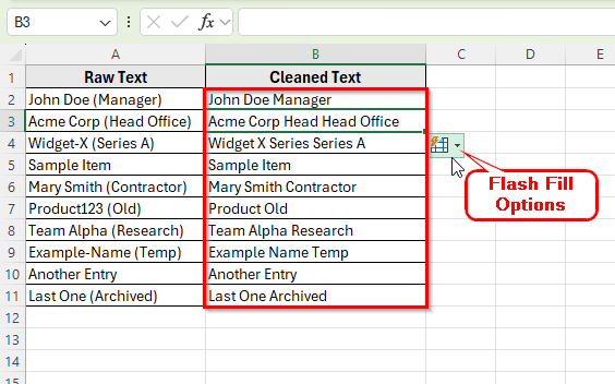 Using Flash Fill to Remove Parentheses in Excel