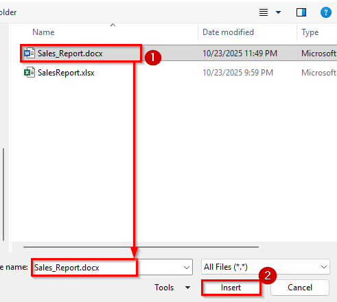 Insert the Word File as a Linked Object