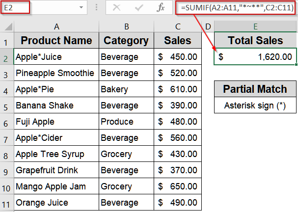 Include Asterisk as a Literal Character in SUMIF Formula