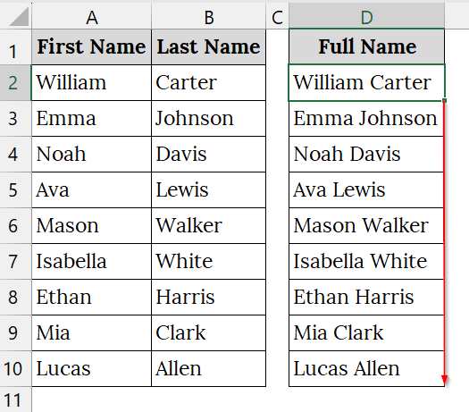 Applying the CONCAT Function to Merge Two Columns with a Space