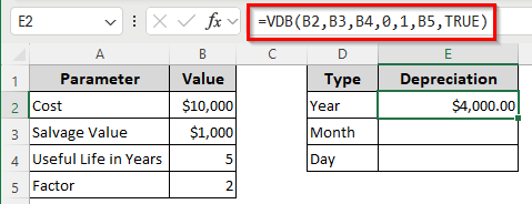 Demonstrating the VDB Function of Calculating Declining Depreciation