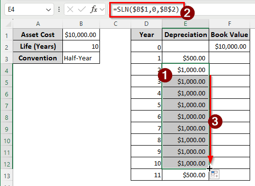 Calculating ADS Depreciation using the SLN Function in Excel