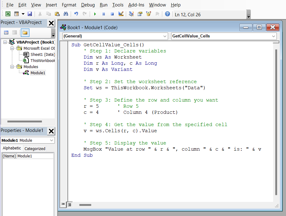 Use Cells(Row, Column) Function to Get Specific Cell Value