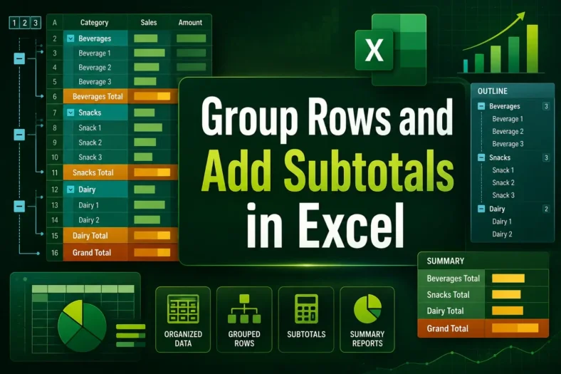 featured image - excel group rows and subtotal
