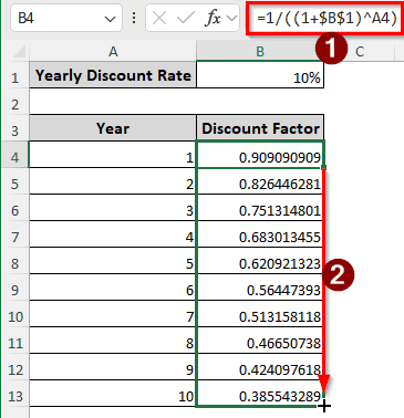 Calculating the Yearly Discount Factor in Excel