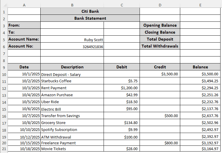 Steps to Organize Bank Statements in Excel