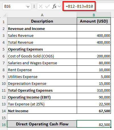 Computing Direct Operating Cash Flow by Formula in Excel