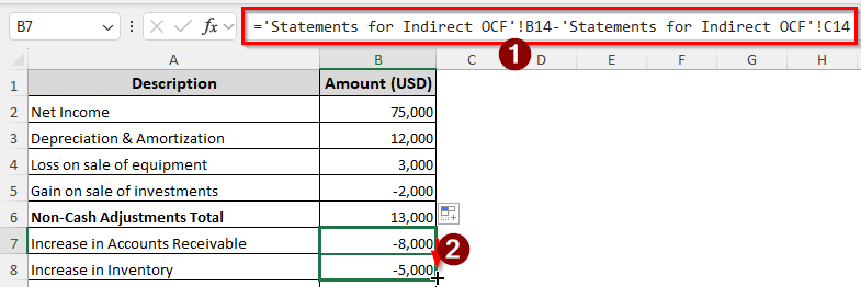 Indirect Method of Calculating Operating Cash Flow in Excel