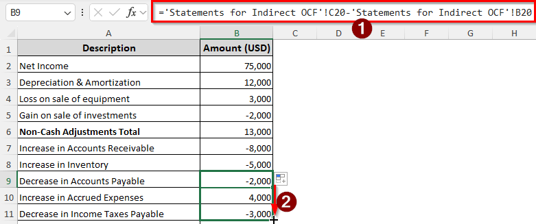 Indirect Method of Calculating Operating Cash Flow in Excel