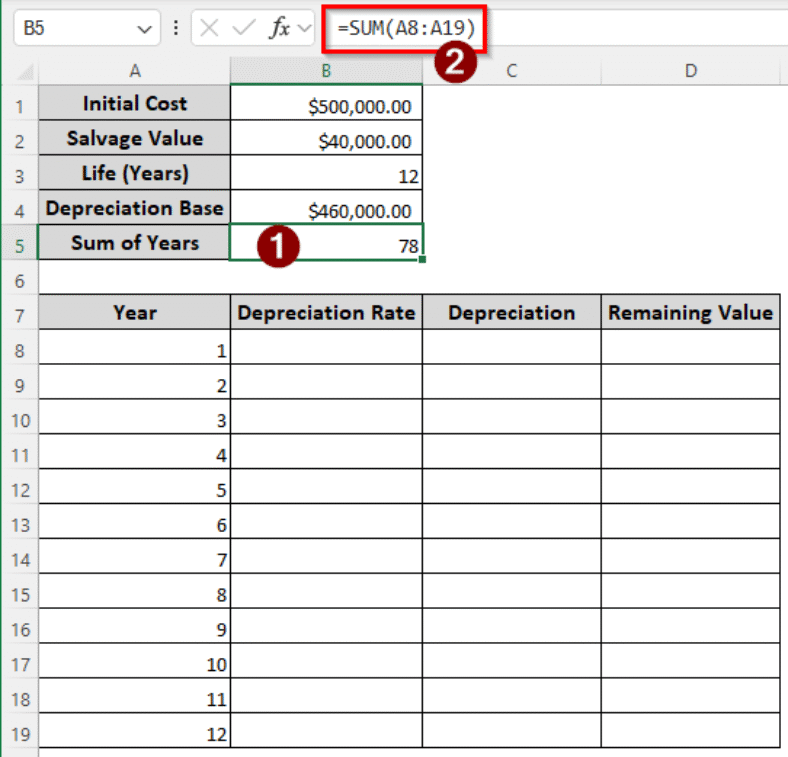 How to Use Sum of Years’ Digits Depreciation Formula in Excel Excel