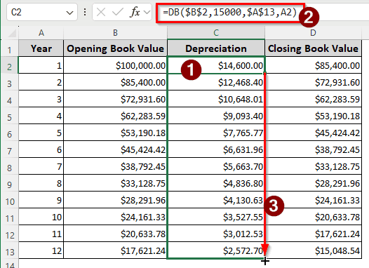 Using the DB Function to Calculate the Depreciation with Salvage Value