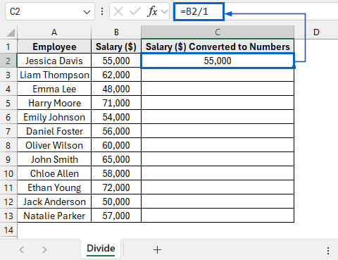 Divide Value by 1 to Convert Column to Number