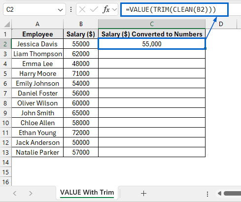 Use the VALUE and TRIM Functions to Convert Entire Column to Number